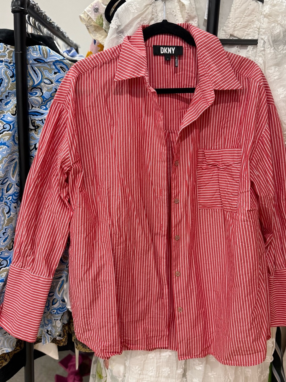Striped Red and White Button-Up Women's Top - Picture 9 of 9